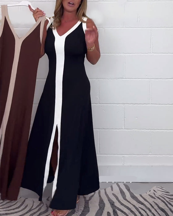 Sleeveless colorblock slit dress
