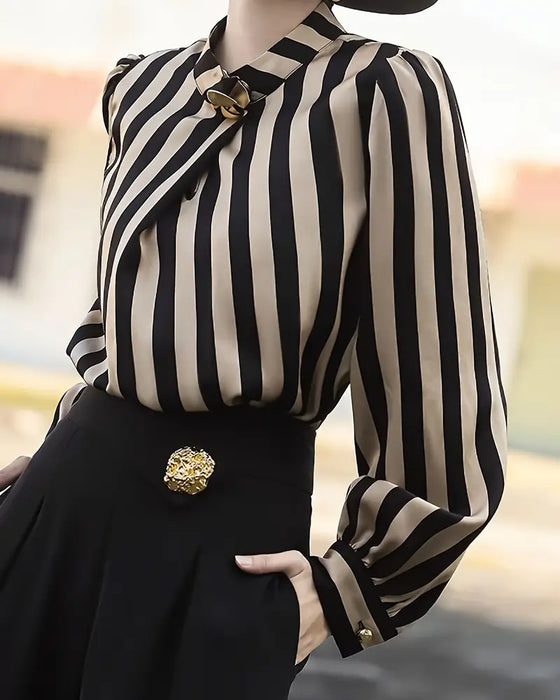 Drape Stand Collar Striped Blouse