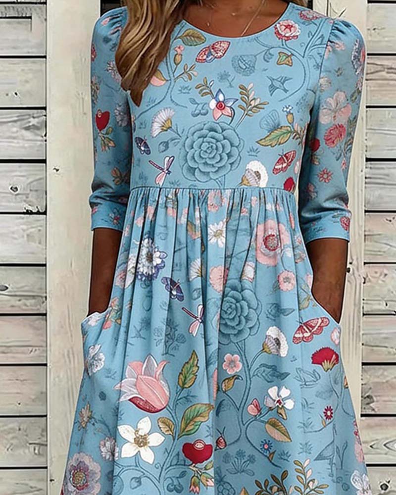 Round Neck Pleated Floral A-Hem Dress