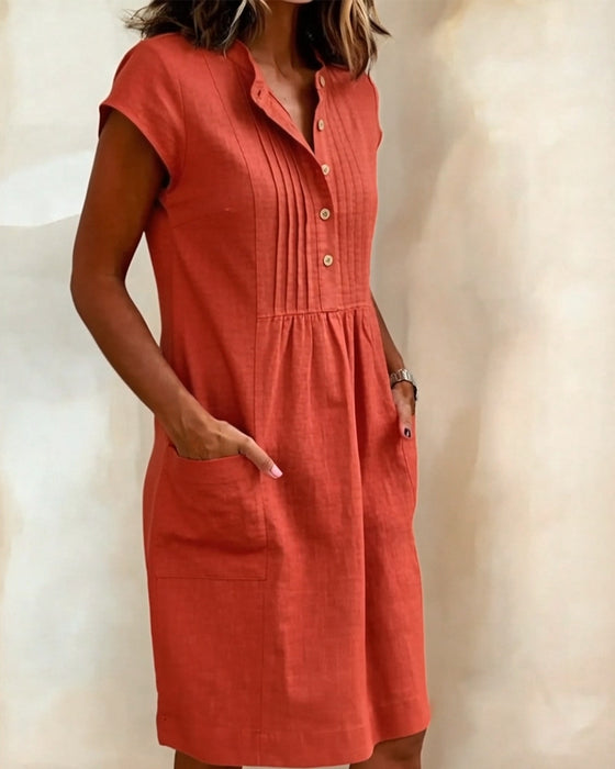 Cotton And Linen Stand Collar Short Sleeve Dress