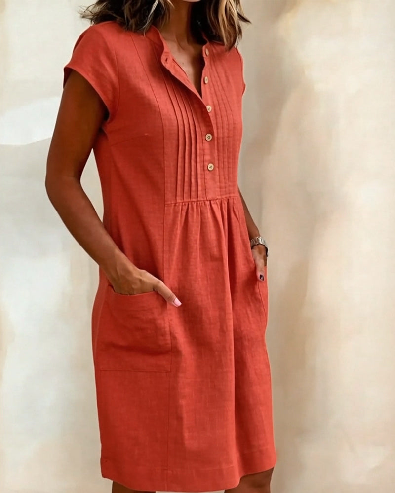 Cotton And Linen Stand Collar Short Sleeve Dress