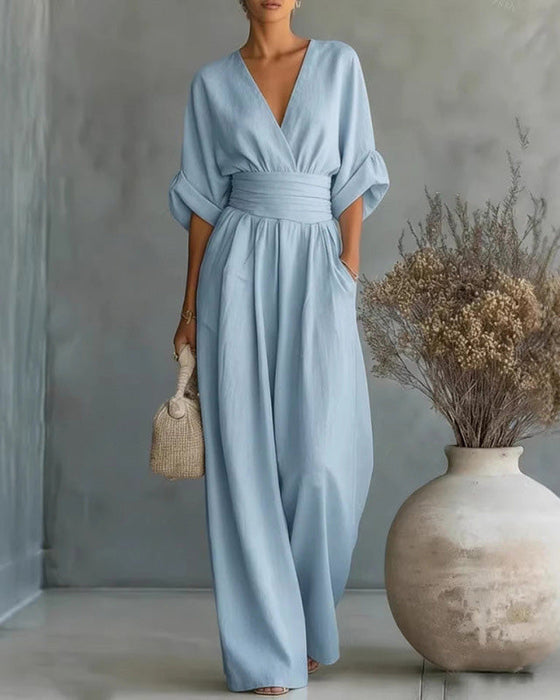 V-Neck Cross Waist-Cinching Wide Leg Jumpsuit