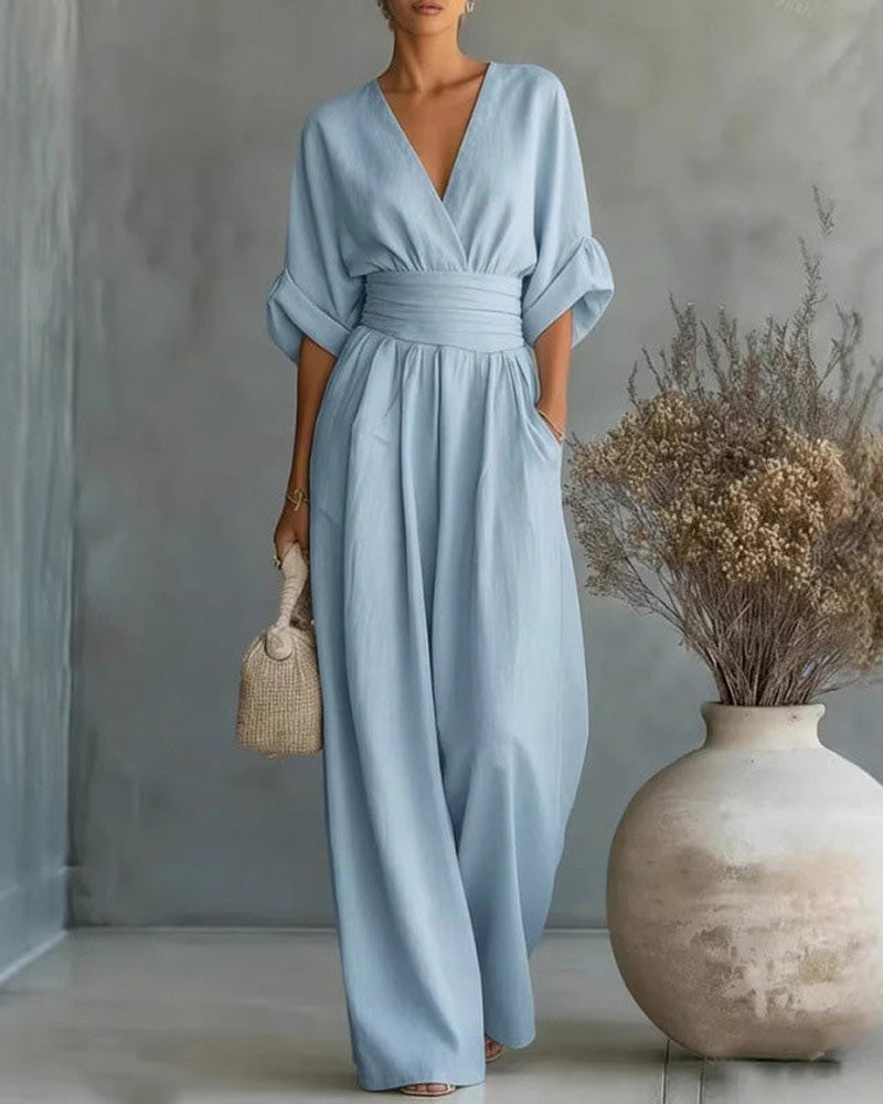V-Neck Cross Waist-Cinching Wide Leg Jumpsuit