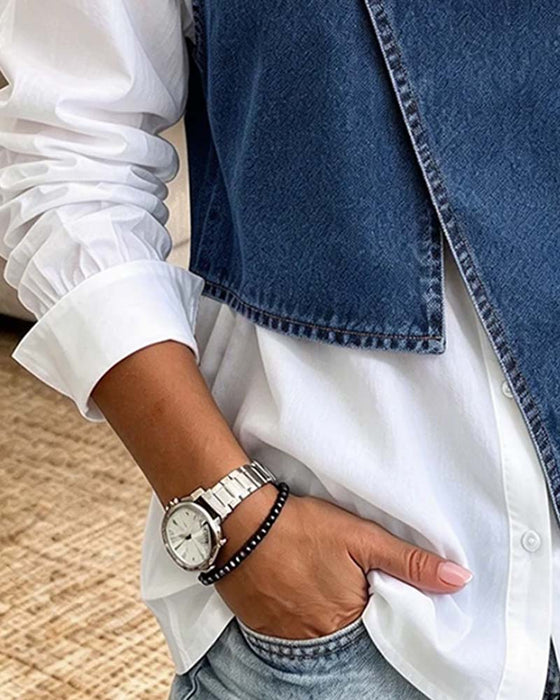 Slant-Button Stand-Collar Vest Shirt Set