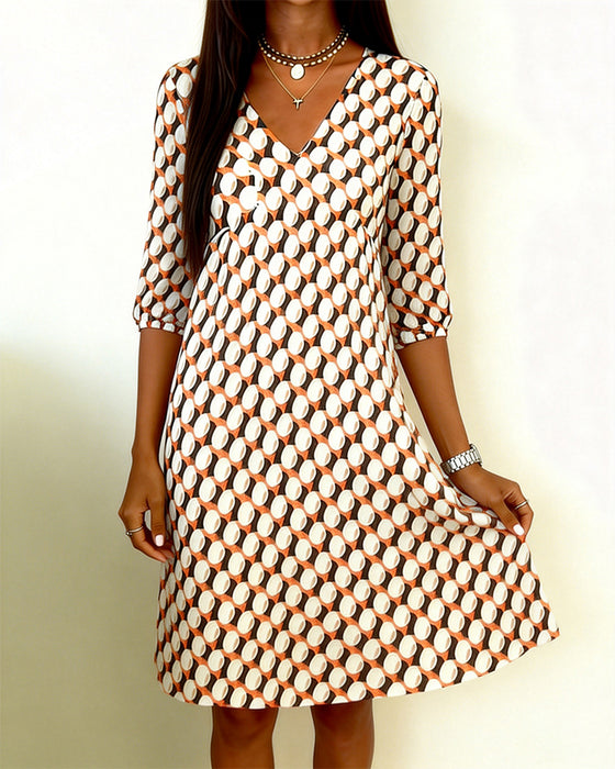 V-Neck Half-Sleeve Circle Print Dress