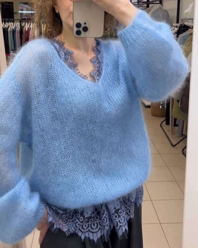 V-Neck Solid Patchwork Pullover