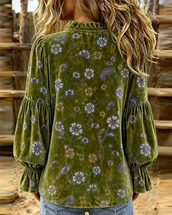 V-Neck Button Ruffle Floral Blouse