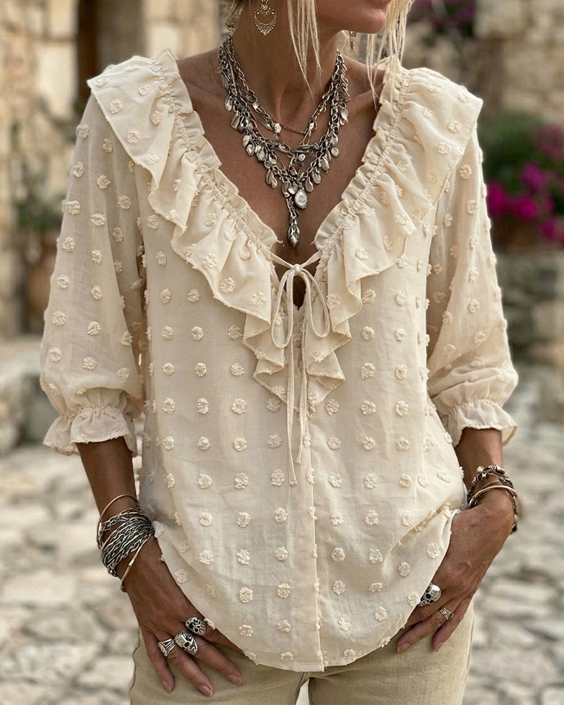 V-Neck Three-Dimensional Printed Puff Sleeves Blouse