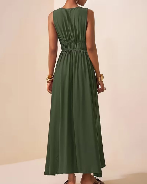 Sleeveless Shirred Suspender Waist-Cinching Dress