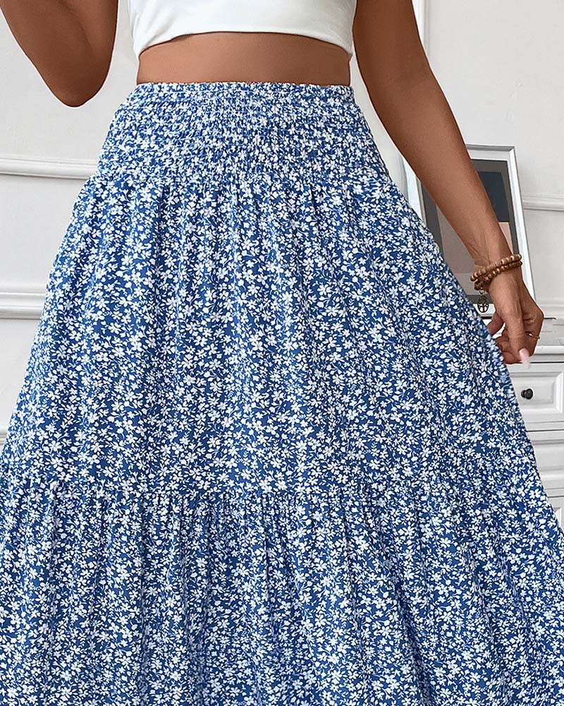 Layered Tiny Flower Print A-Line Long Skirt