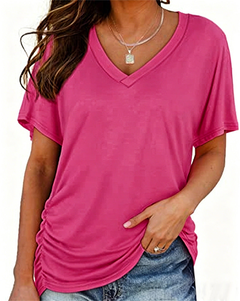 Pleated Solid Color V-Neck T-Shirt