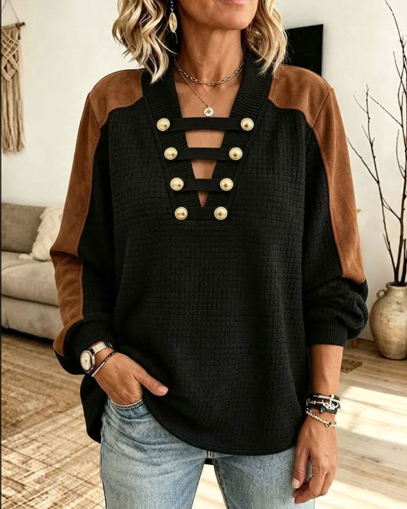 V-Neck Button Color Block Top