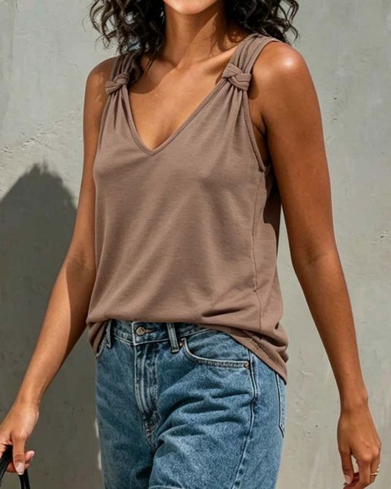 Solid Color Twist V-Neck Tank Top