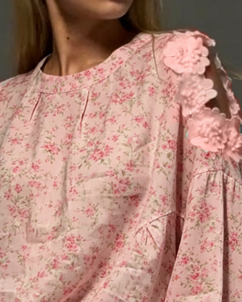 Round Neck Off-Shoulder Floral Loose Blouse