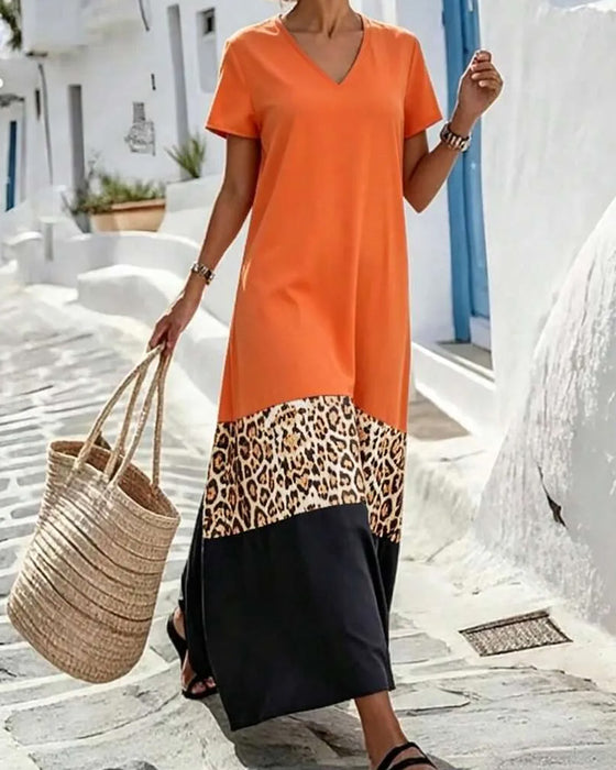 V-Neck Color Block Patchwork Leopard Maxi Dress