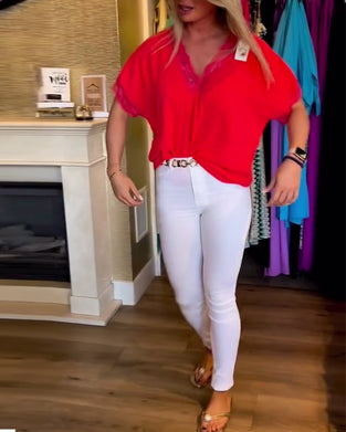 Spliced lace v-neck solid color top