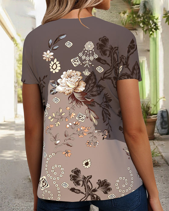 Floral Print V-Neck Short-Sleeved T-Shirt
