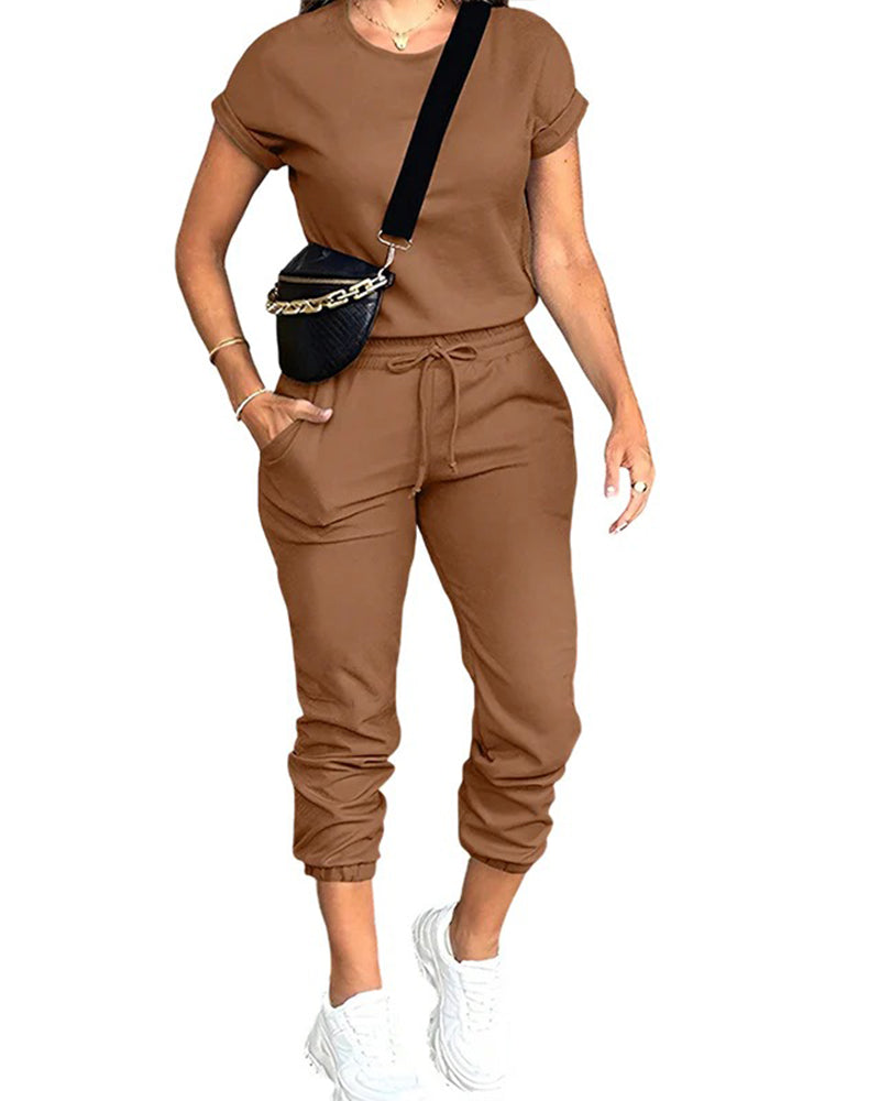 Solid Crew Neck Short Sleeve Set