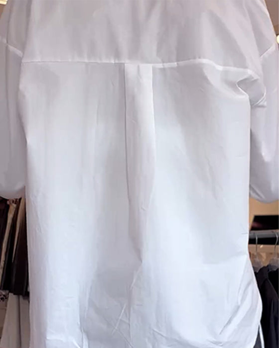 Lapel Solid Long-Sleeved Shirt And Lace Inner Set