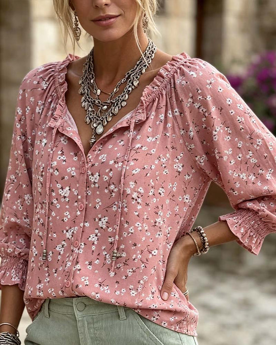 V-Neck Floral Strappy Ruffle Sleeve Blouse
