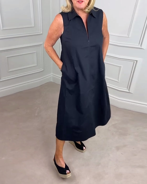 Solid color sleeveless lapel casual dress