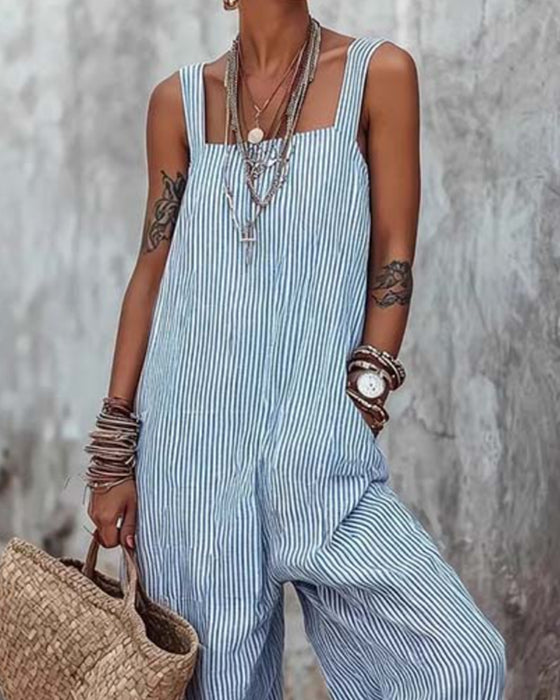 Wide Strap Striped Overalls Jumpsuit