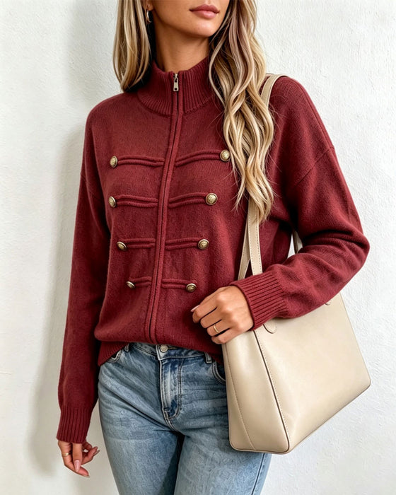 Mandarin Collar Fashion Zipper Knit Cardigan