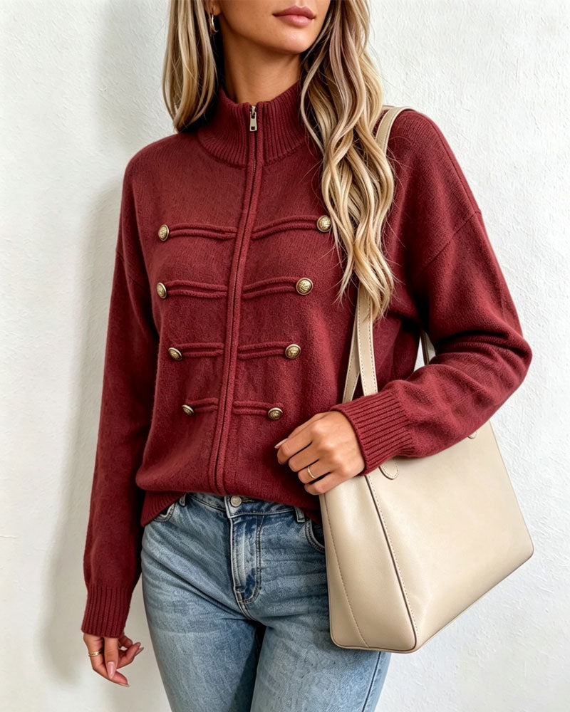 Mandarin Collar Fashion Zipper Knit Cardigan