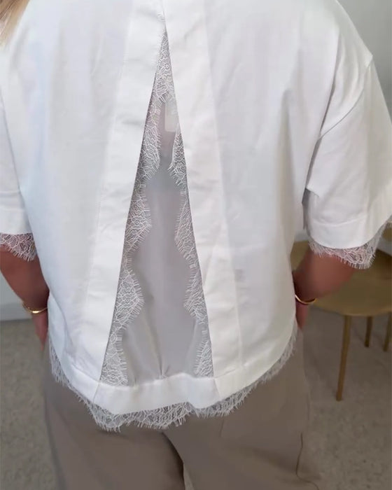 Back Slit Lace Short Sleeve Blouse
