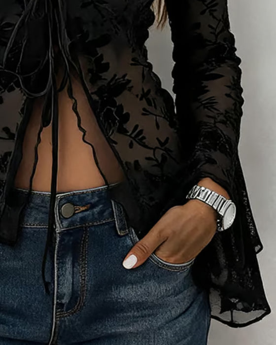V-Neck Split Lace Panel Drawstring Blouse