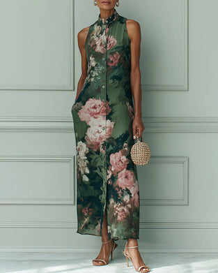 Sleeveless Floral Stand Collar Shirt Dress