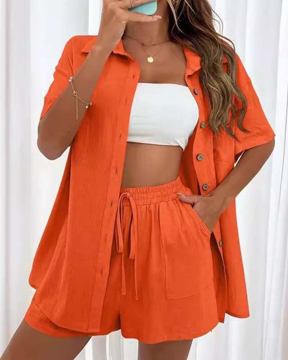 Casual solid color shirt and shorts set