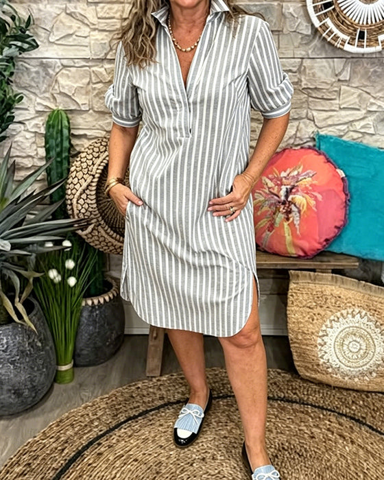 Lapel Stripe Slit Dress