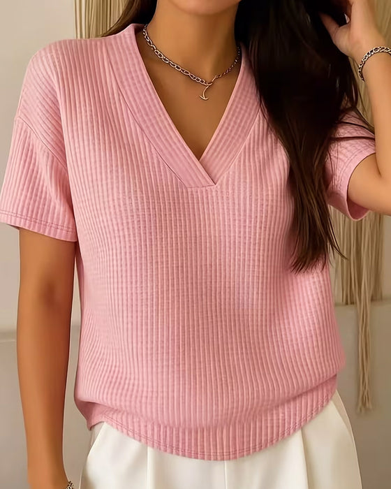 V Neck Solid Color Versatile Short Sleeve T Shirt