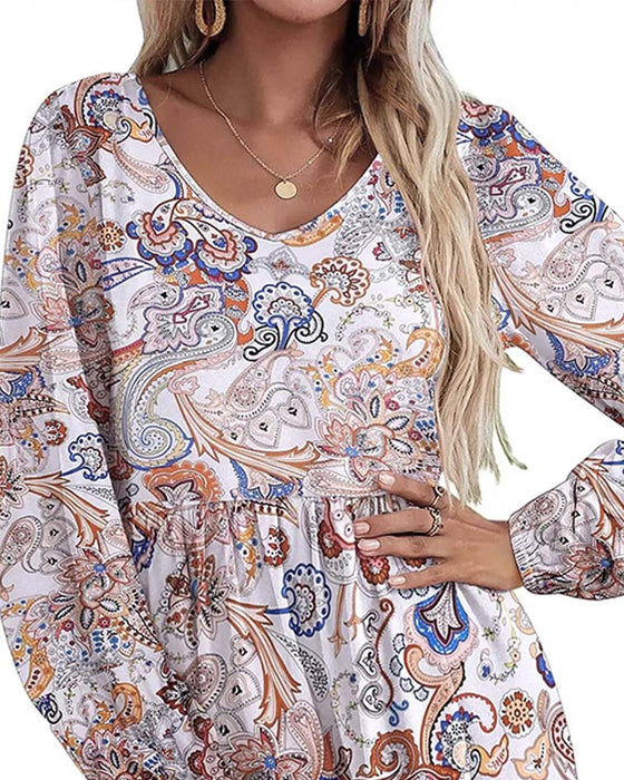 V-Neck Long Sleeve Bohemian Dress