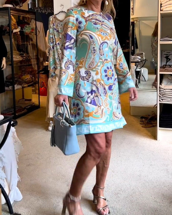 Round neck straight printed dress