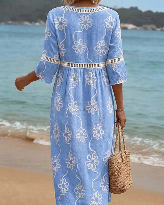 V-Neck Hollow Out Patchwork Floral Loose Dress