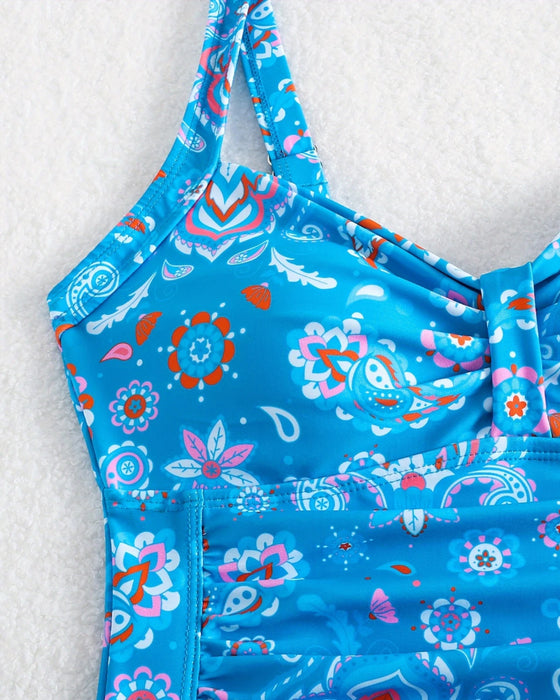 Vest Pleated Floral One-Piece Swimsuit