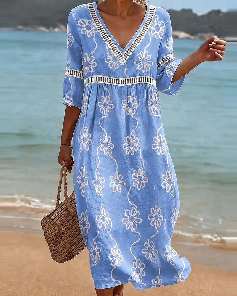 V-Neck Cut-Out Patchwork Floral Loose Dresses