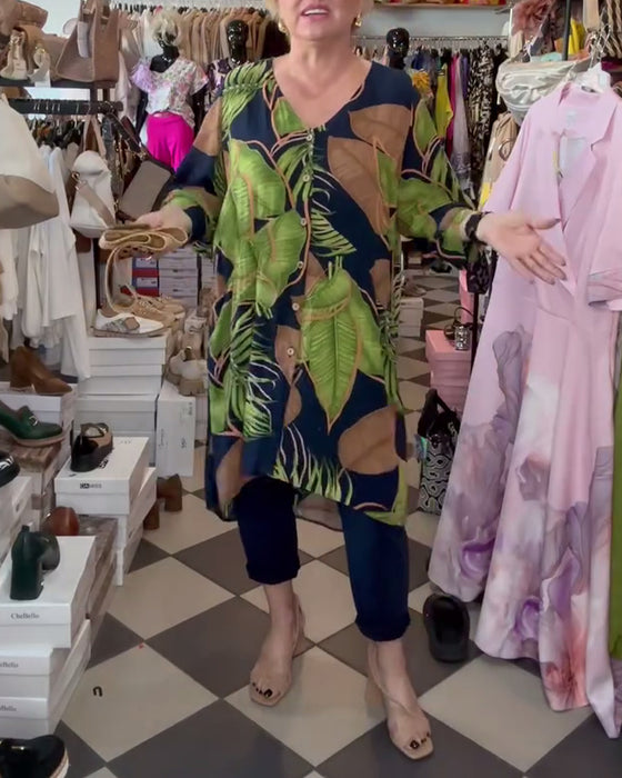 V-Neck Leaf Print Loose Dress
