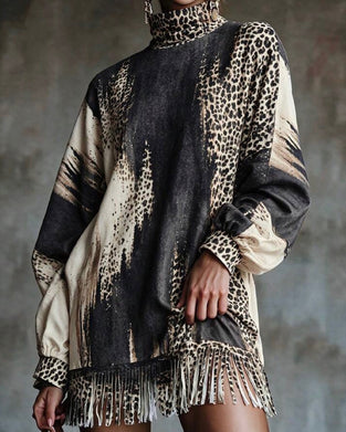 Turtleneck Leopard Color-Block Dress