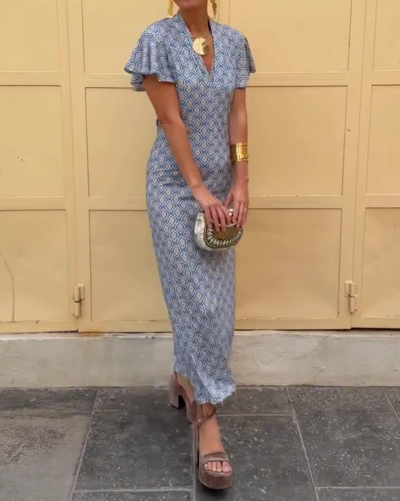 V-Neck Diamond Print Ruffled Sleeve Dress
