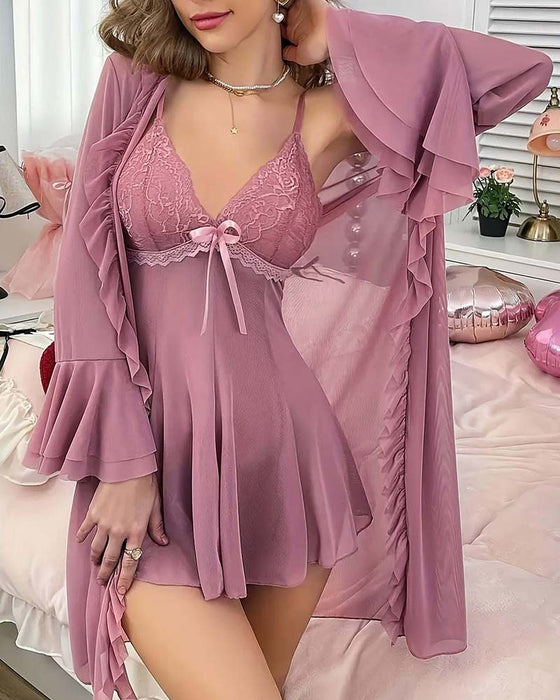 Lace Deep V Strappy Robe Set