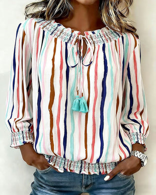 Color Block Stripe Drawstring Blouse