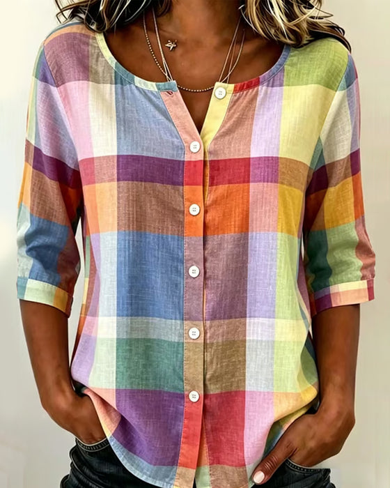 Colorful Checkered Button Front Relaxed Blouse