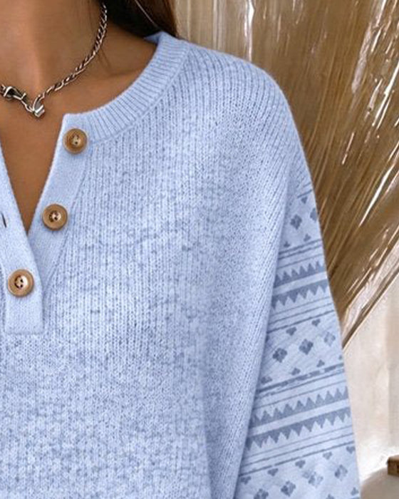 Round Neck Buttoned Striped Loose Sweatshirt