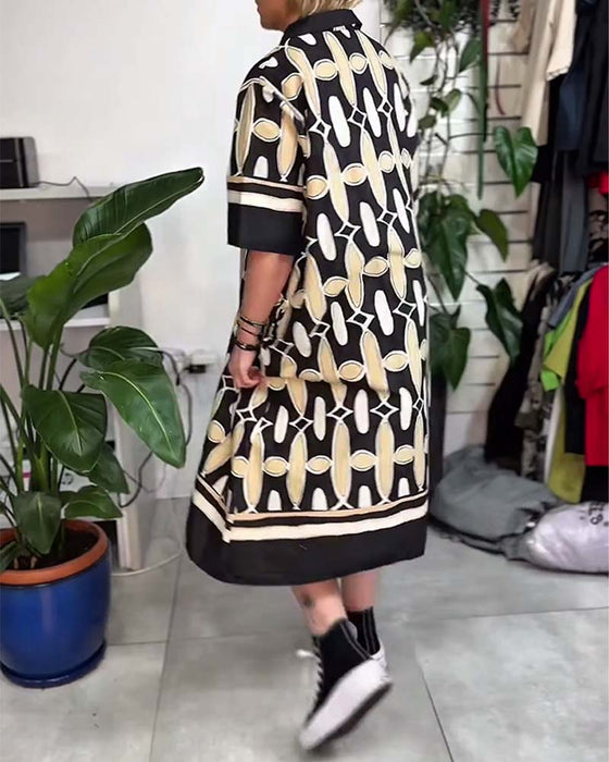 Collared Printed Short-Sleeve Loose Dress