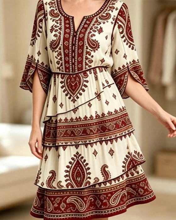 Printed Crew Neck Short-Sleeve Dress