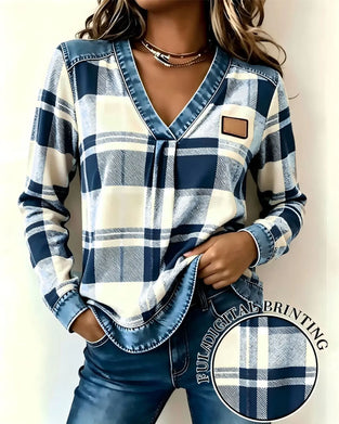 V-Neck Plaid Denim Patchwork Top