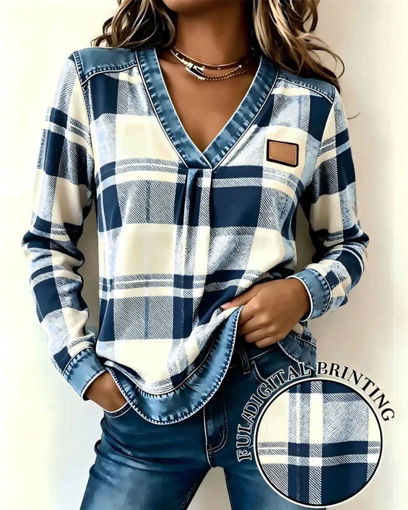 V-Neck Plaid Denim Patchwork Top